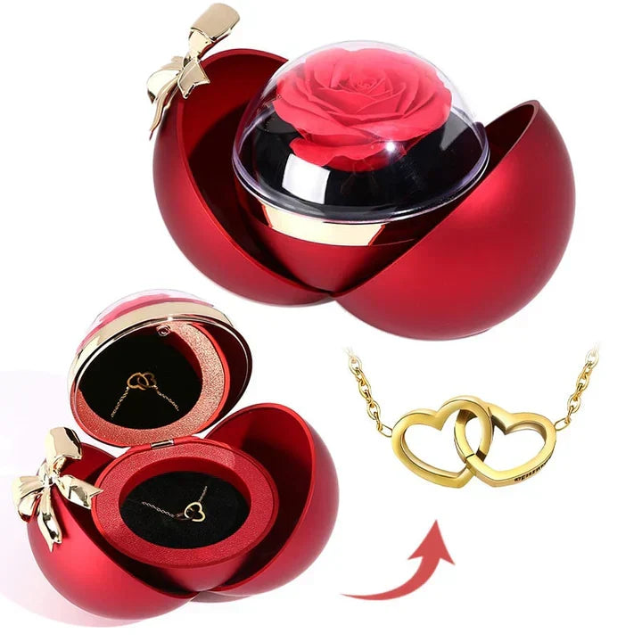 Colar Duplo Coração com Rosa Eterna