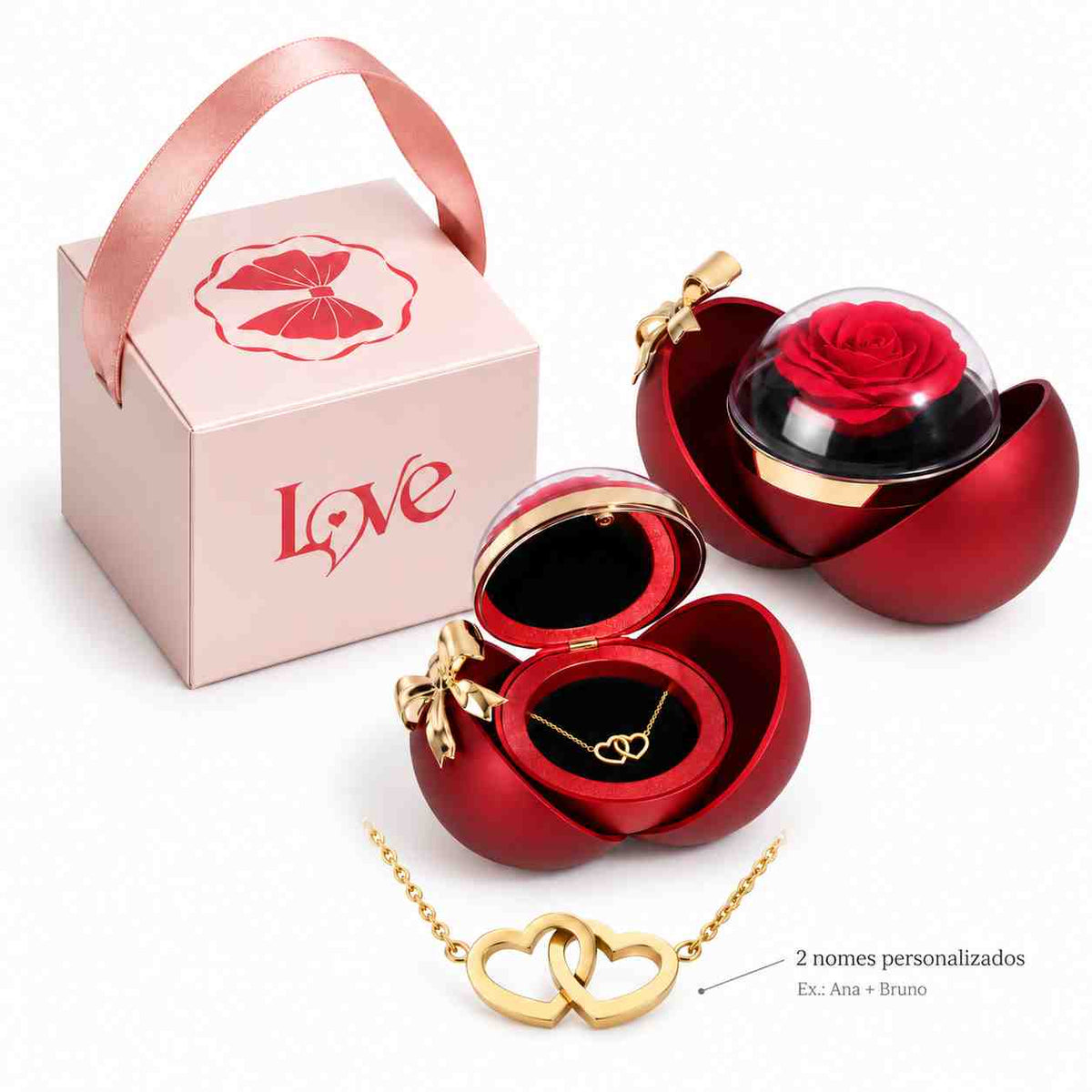 Colar Duplo Coração com Rosa Eterna