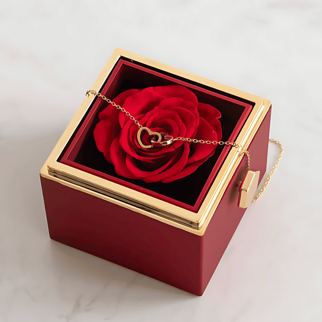 Colar Duplo Coração com Caixa Rotativa Rosa Eterna