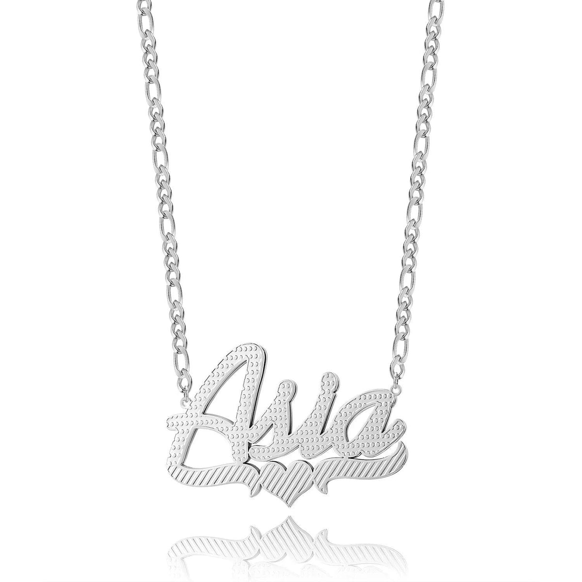 Colar Wulgor de nome com coração duplo banhado, estilo script, para uso diário e estilo elegante.