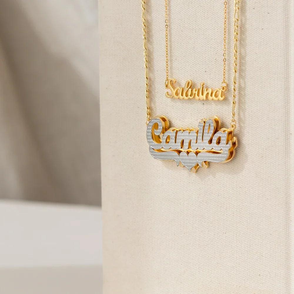 Colar Personalizado com Nome e Coração Pop-Out, Figaro em Banho Duplo - Wulgor