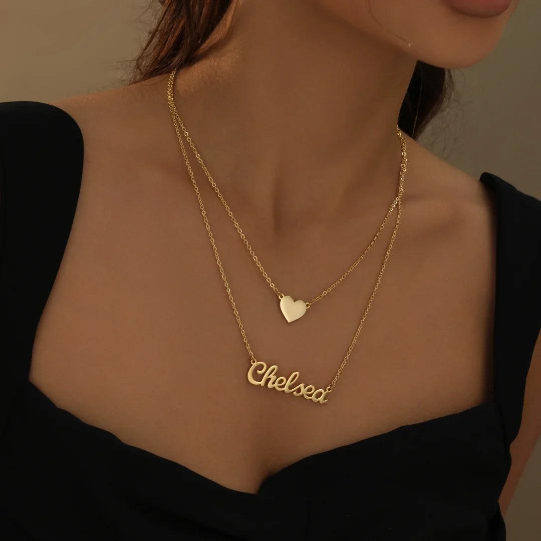 Colar Personalizado com Nome e Coração em Camadas - Wulgor