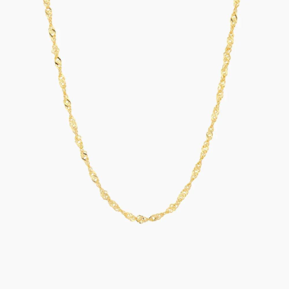 Colar de corrente Singapore de 2mm da Wulgor, detalhe da corrente fina e elegante, feito de aço inoxidável brilhante.
