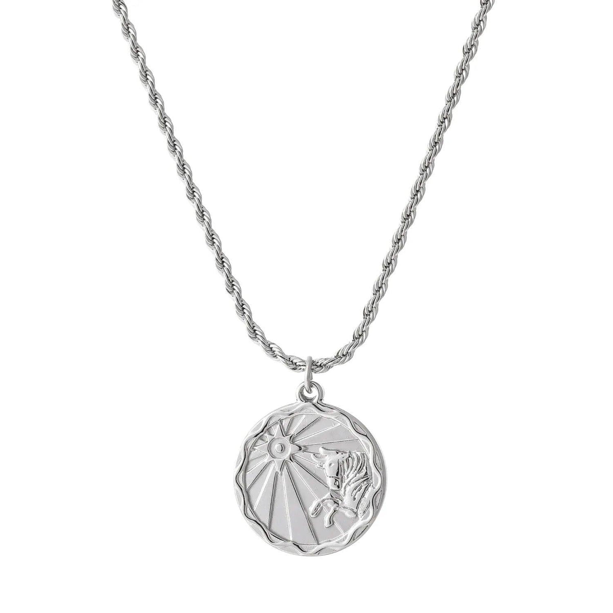 Colar de moeda zodiacal com corrente de corda da marca Wulgor, peça de joalheria com símbolo astrológico e design elegante.