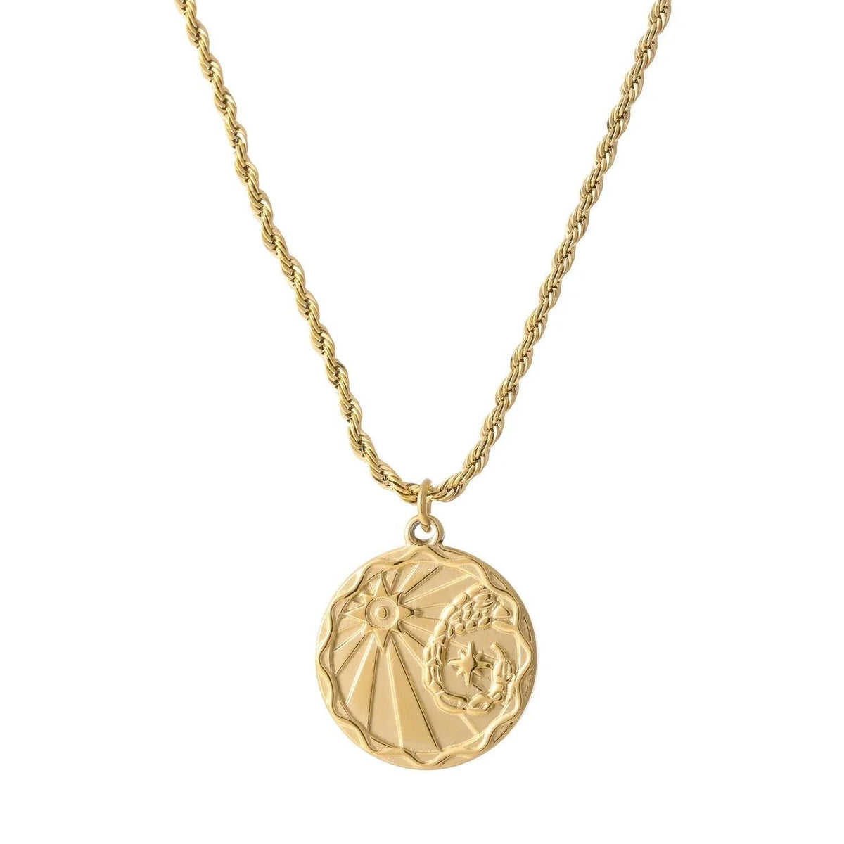 Colar zodiacal com moeda e corrente de corda da Wulgor, detalhe de pingente com símbolo astrológico e acabamento em metal.